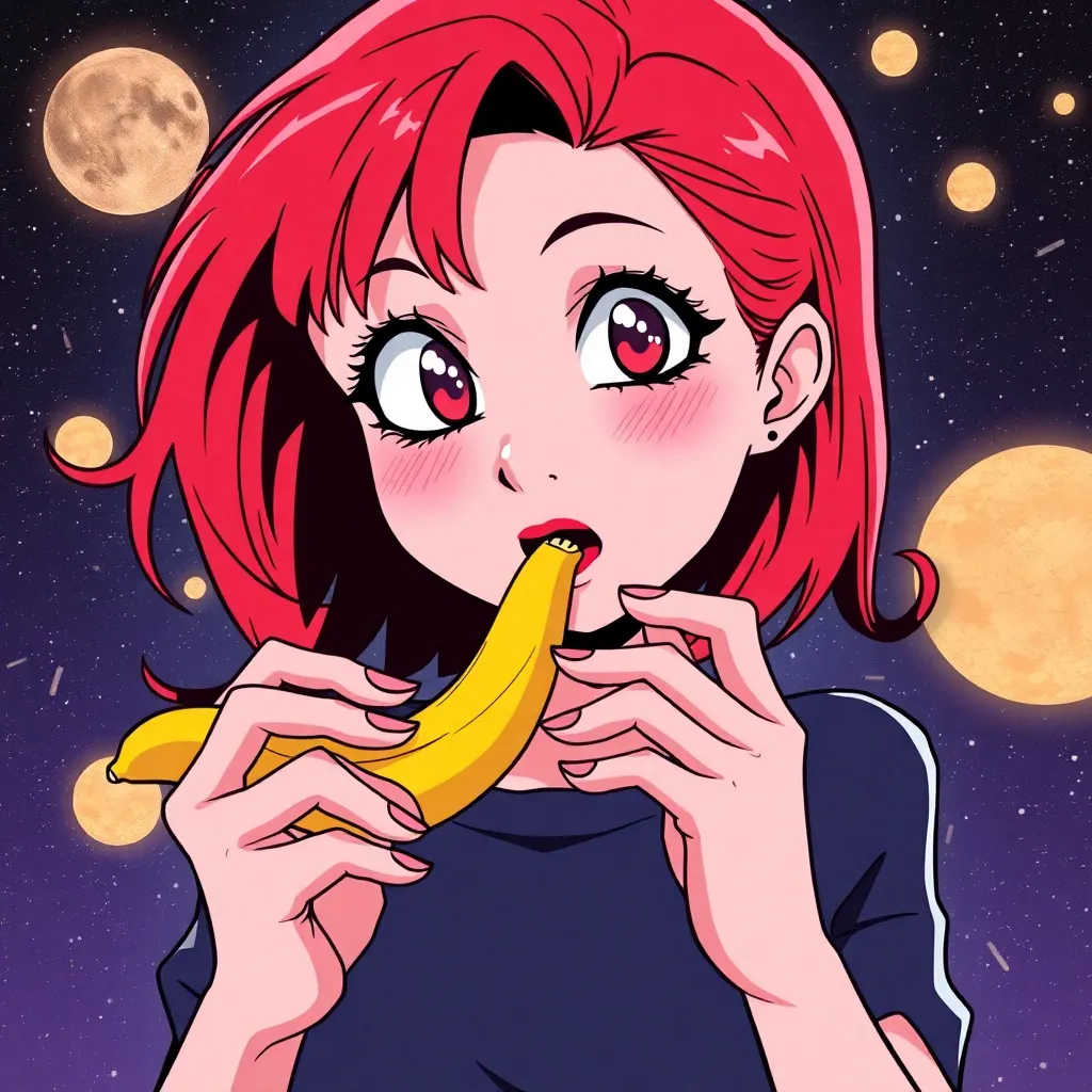 woman with red hair eating banana against space background