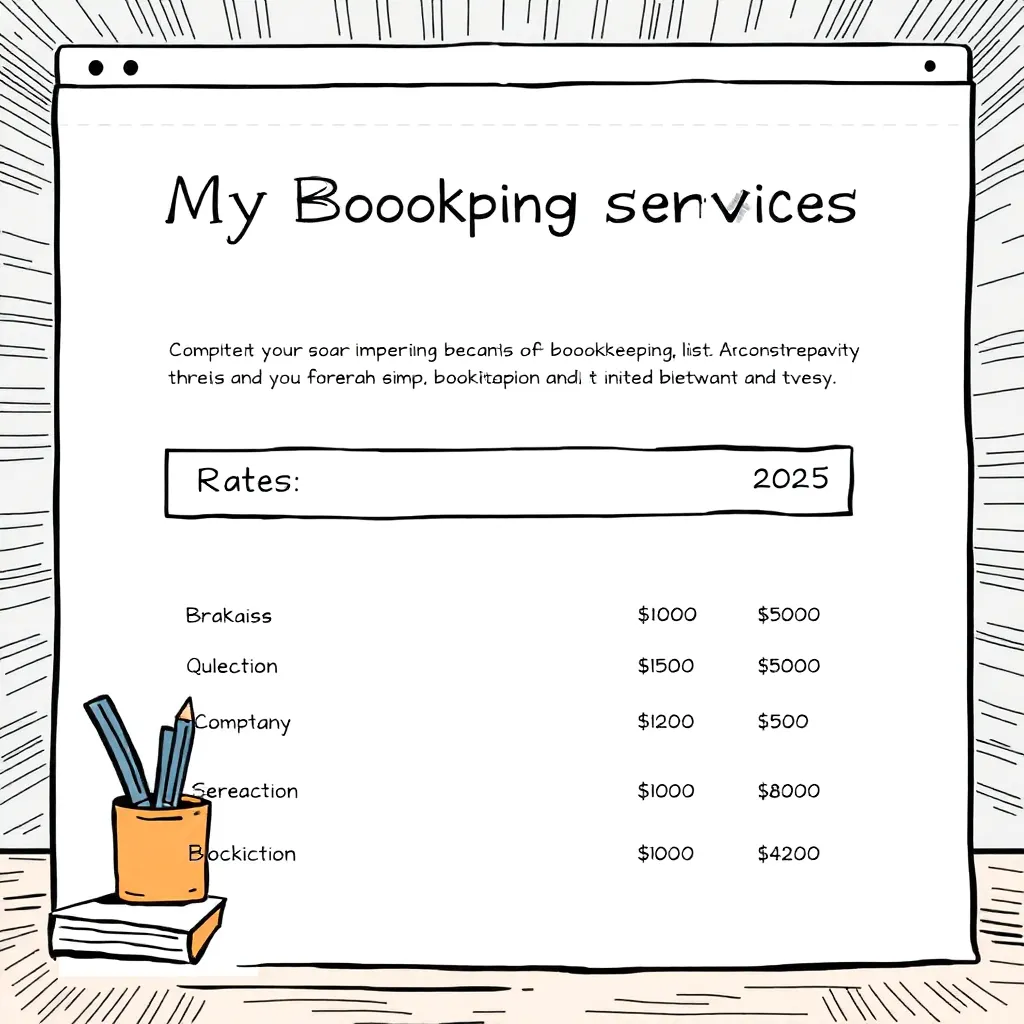 a page showing my bookkeeping services, 2025 rates for a specific client, listing the services and prices