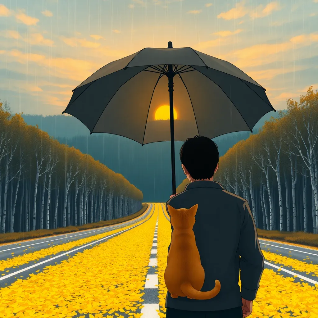 A 9:16 realistic photo. The rain and the setting sun warm the skyline. A highway covered with bright yellow fallen leaves extends to the distance of the deep forest. On both sides are a row of white birch poplars. In front of the camera, a man's back is holding an umbrella. Under the umbrella is a cute two-year-old little orange cat squatting. The painting has a very autumnal mood.