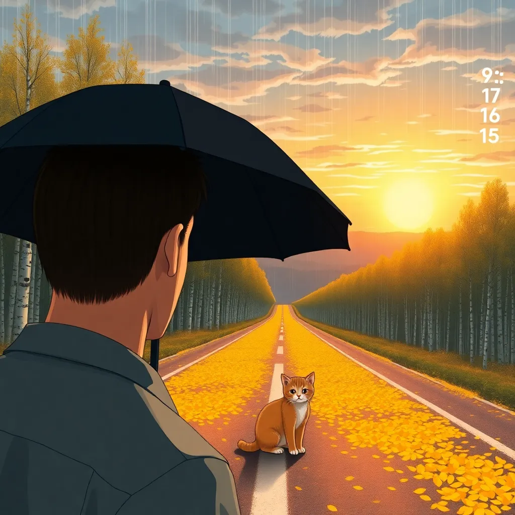 A 9:16 realistic photo. The rain and the setting sun warm the skyline. A highway covered with bright yellow fallen leaves extends to the distance of the deep forest. On both sides are a row of white birch poplars. In front of the camera, a man's back is holding an umbrella. Under the umbrella is a cute two-year-old little orange cat squatting. The painting has a very autumnal mood.