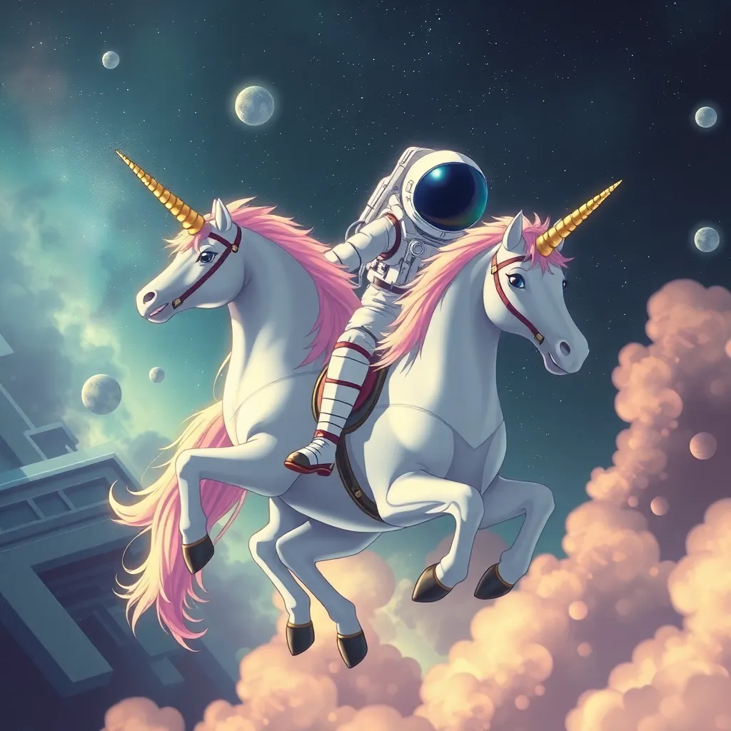 Prompt: An anime astronaut riding a rainbow unicorn, cinematic, dramatic