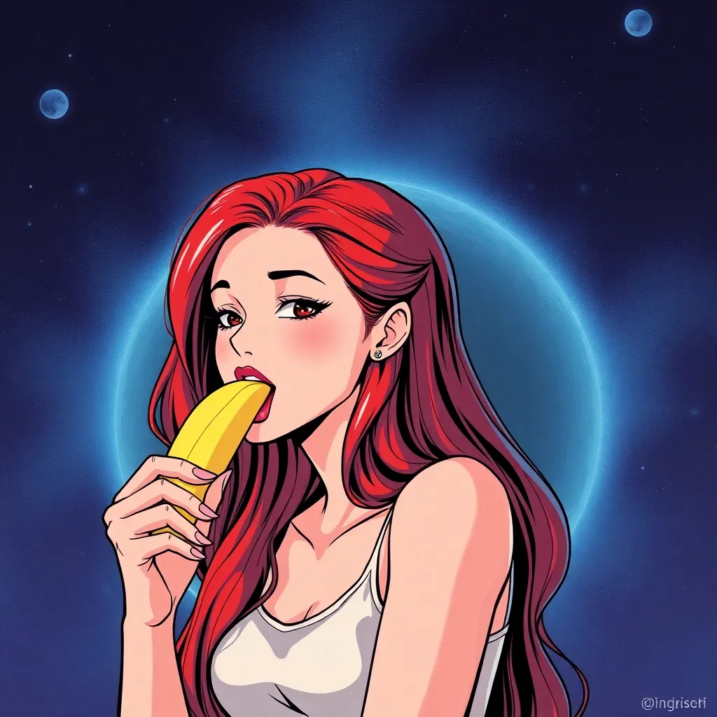 woman with red hair eating banana against space background