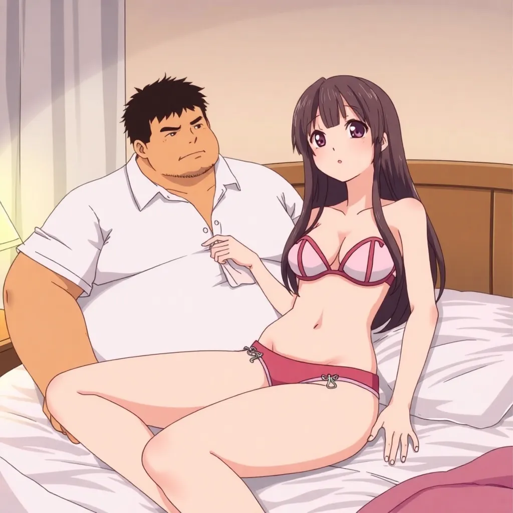 nsfw,1fat man, 1girl, he is touching bikini panties  by force, pussy line, micro bikini bra lift, nipples, child, flat chest, petite long hair, watery eyes ,lying bed, anime screencap