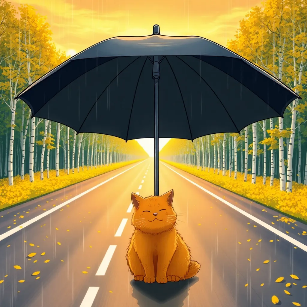 A 9:16 realistic photo. The rain and the setting sun warm the skyline. A highway covered with bright yellow fallen leaves extends to the distance of the deep forest. On both sides are a row of white birch poplars. In front of the camera, a man's back is holding an umbrella. Under the umbrella is a cute two-year-old little orange cat squatting.