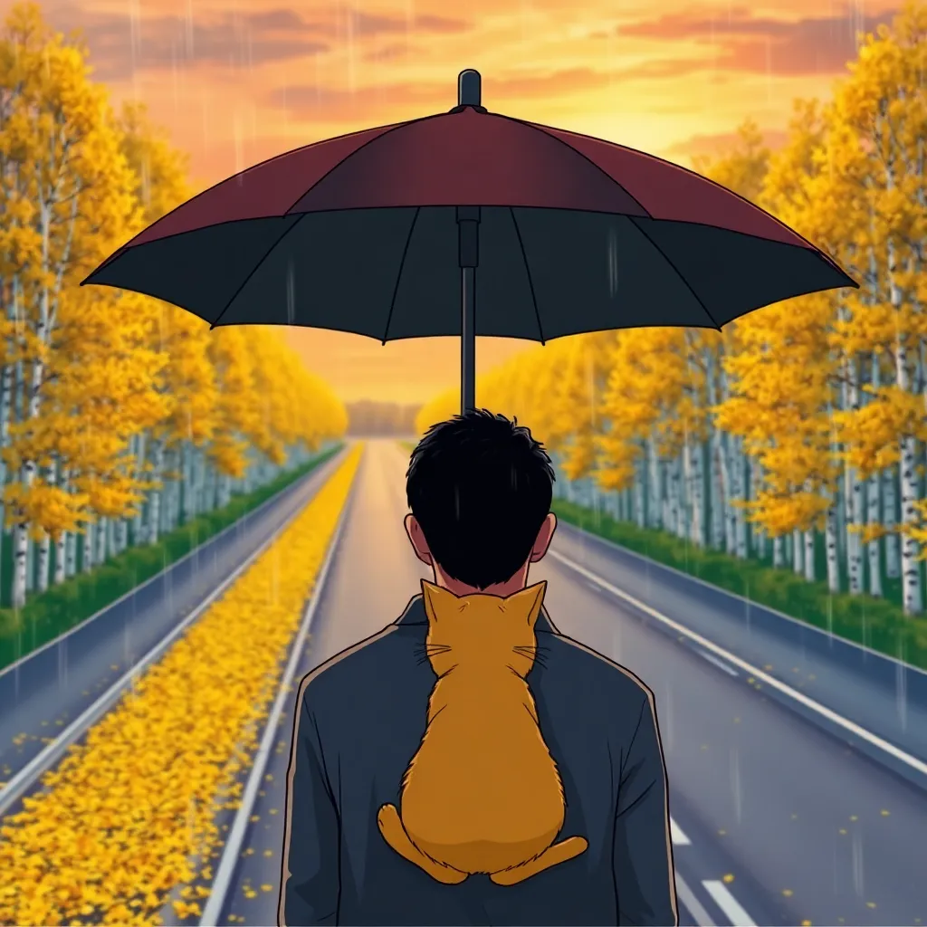 A 9:16 realistic photo. The rain and the setting sun warm the skyline. A highway covered with bright yellow fallen leaves extends to the distance of the deep forest. On both sides are a row of white birch poplars. In front of the camera, a man's back is holding an umbrella. Under the umbrella is a cute two-year-old little orange cat squatting.