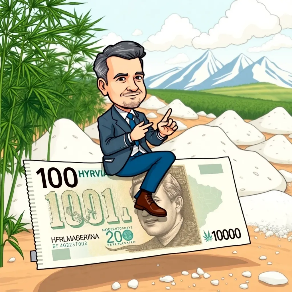 Volodymyr Zelensky, the president of Ukraine, rides on a 1000 hryvnia banknote. In the background, hemp grows, and mountains of white flour