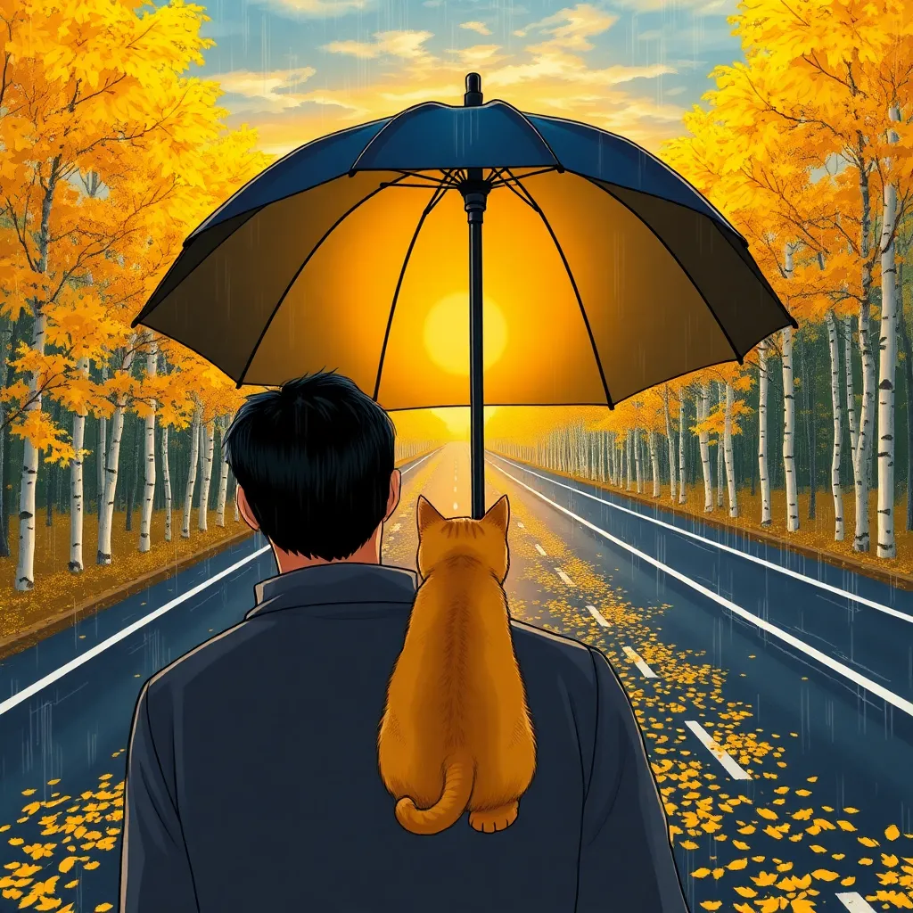 A 9:16 realistic photo. The rain and the setting sun warm the skyline. A highway covered with bright yellow fallen leaves extends to the distance of the deep forest. On both sides are a row of white birch poplars. In front of the camera, a man's back is holding an umbrella. Under the umbrella is a cute two-year-old little orange cat squatting. The painting has a very autumnal mood.