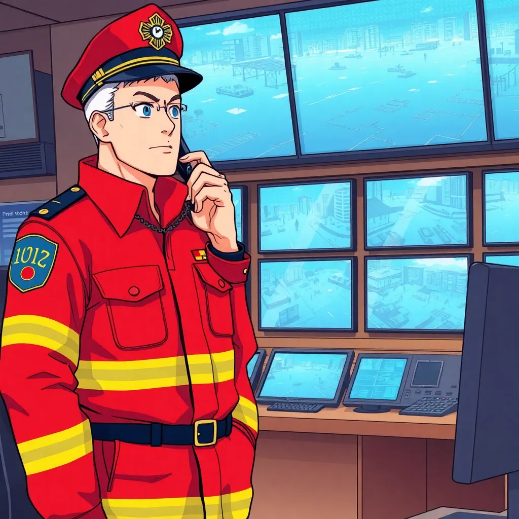 A mature and sophisticated fire chief, standing in the control room, a number of large screens showing the situation in the flooded area, watching the screen , telephone command.