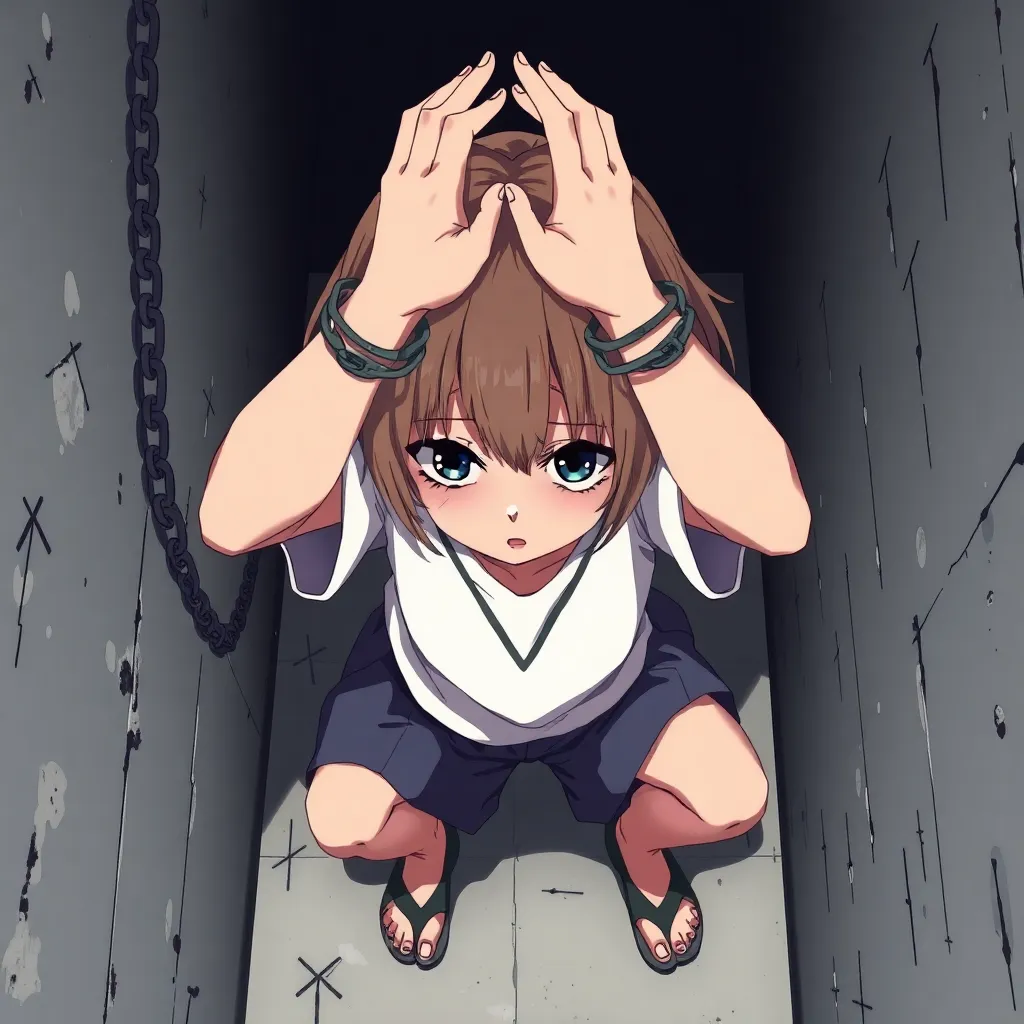 young girl, chained wrists to a wall, hands above head, sitting in W position, crying, looking at viewer, view from above.