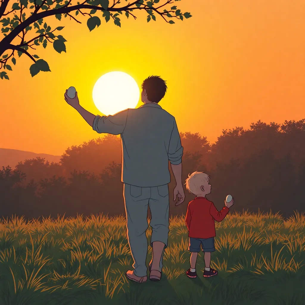 A father was with his three-year-old boy, who was holding a bird's egg in his hand. The father was about to climb the tree to continue taking bird's eggs. At that time, the sun was setting in the west, casting long shadows of the father and the boy.