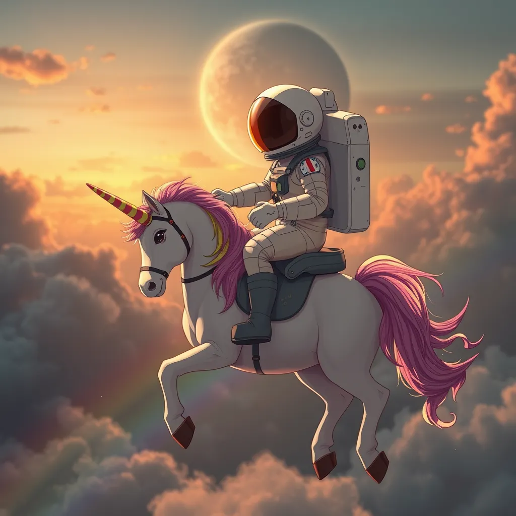 An anime astronaut riding a rainbow unicorn, cinematic, dramatic